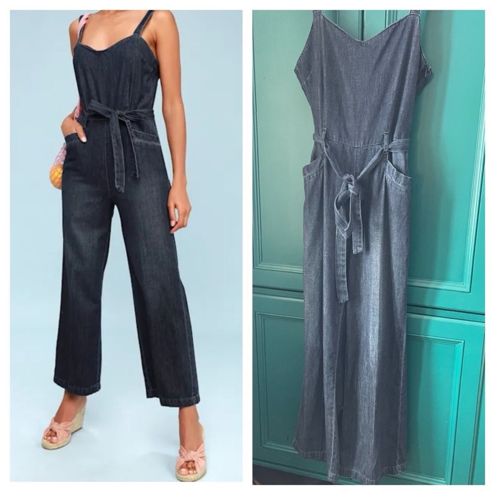 PAIGE Emma Dark Wash Denim Jumpsuit Overalls Sz M Retro Wide Leg Sold Out